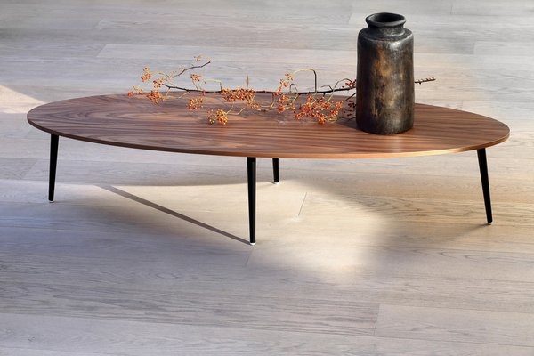 Coffee Table with Plectrum Shape and Tapered Legs in Wood Tone