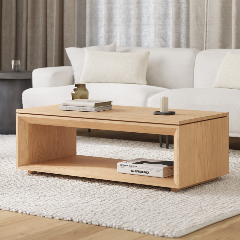 Coffee Table with Ribbed Legs, Lower Shelf and Blonde Wood Japandi Style