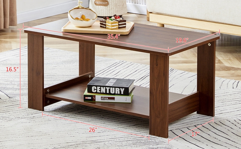 Coffee Table with Rounded Corners, Walnut Brown Finish, Double Layered