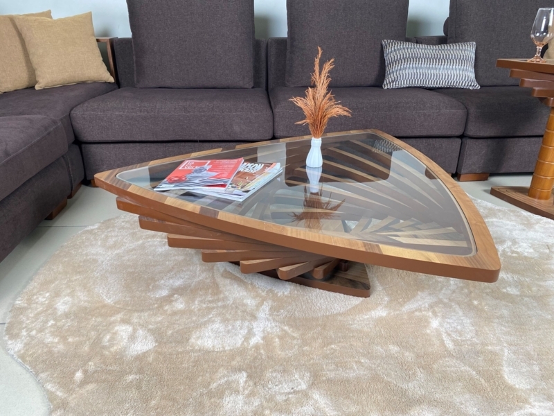 Coffee Table with Rounded Triangular Glass Top and Interlocking Leg Base