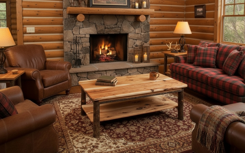 Coffee Table with Rugged Exposed Bark Log Legs and Live Edge Top