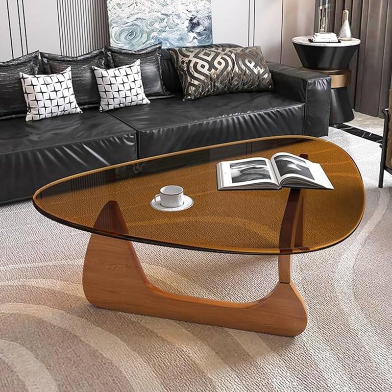 Coffee Table with Sculptural Interlocking Base and Triangular Glass Top