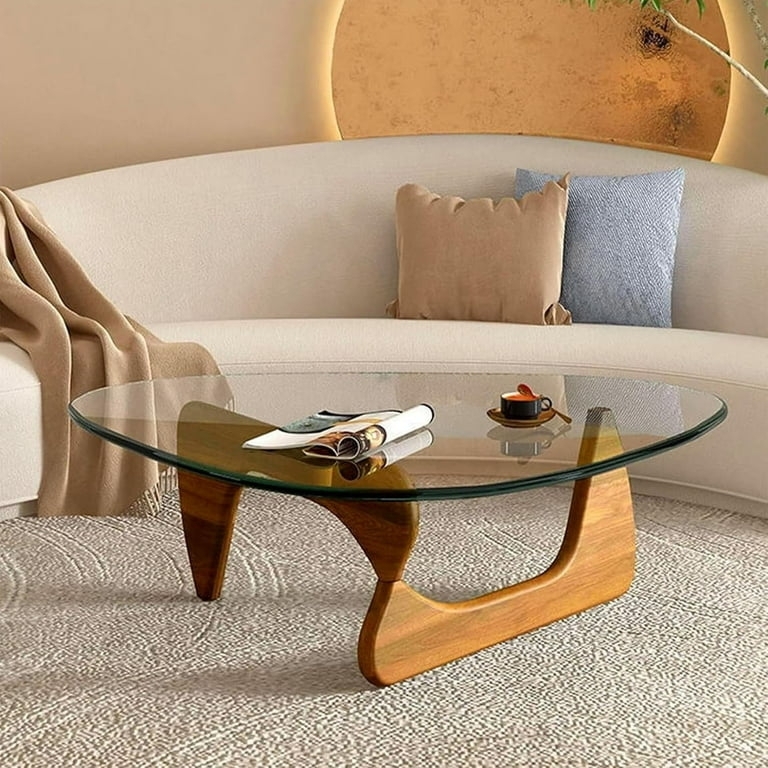 Coffee Table with Sculptural Wood Base and Triangular Glass Top