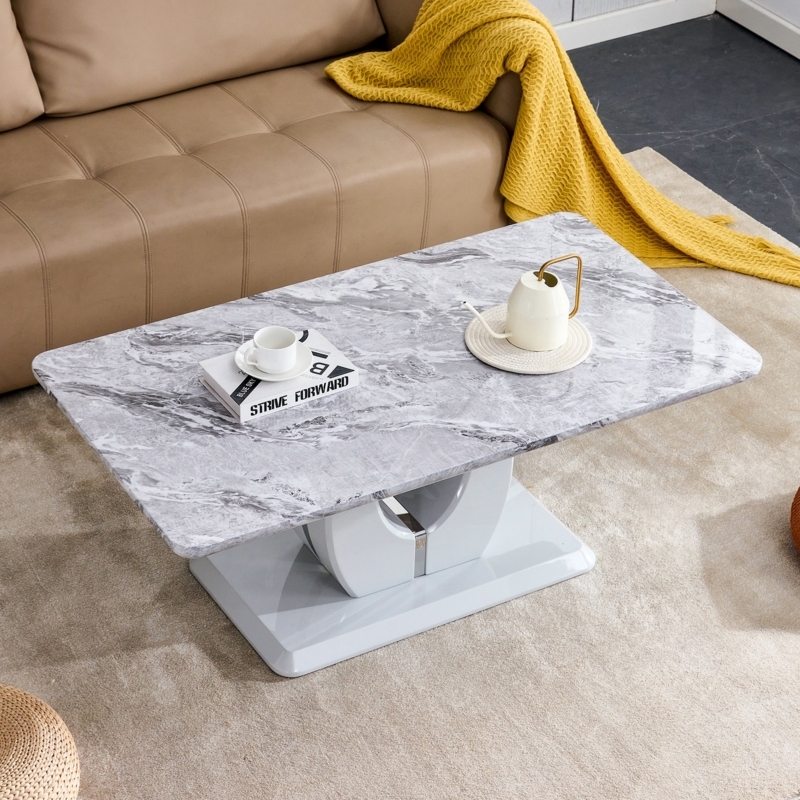 Coffee Table with Silver Apron Inlay, Polished Geometric Stone Look
