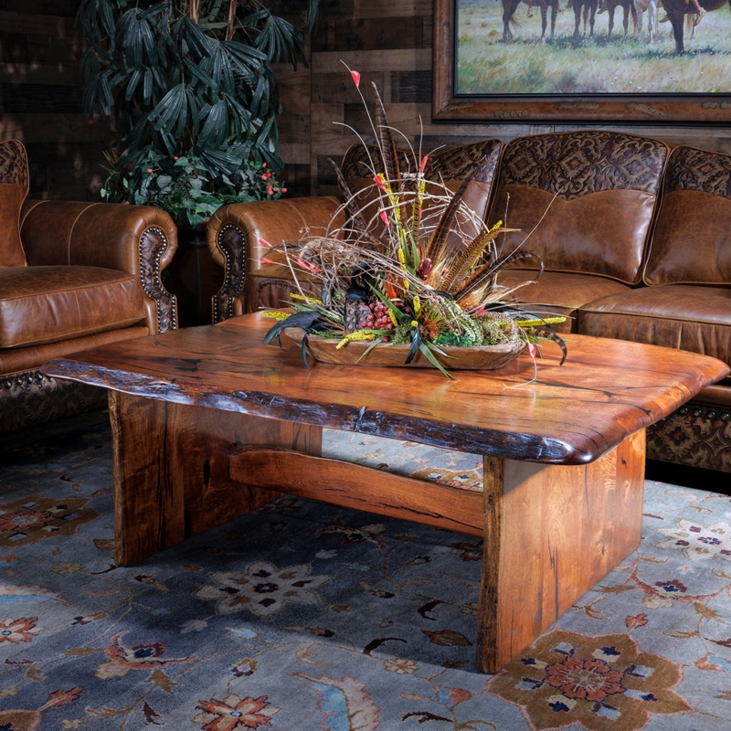 Coffee Table with Thick Live Edge Slab Top and Vibrant Turquoise Inlays