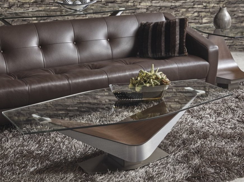 Coffee Table with V-Shaped Base. Sculptural wood and glass coffee table.