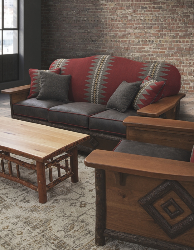 Coffee Table with Warm Cognac Finished Top and Natural Bark-On Log Legs