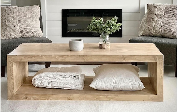 Coffee Table with Waterfall Frame, Light Wood Open Base Minimalist Design