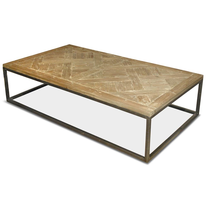 Coffee Table with Whitewashed Reclaimed Pine Top and Dark Metal Sled Base