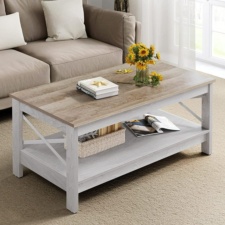 Coffee Table with X-Brace Sides, Two-Tier Rustic Weathered Gray Finish