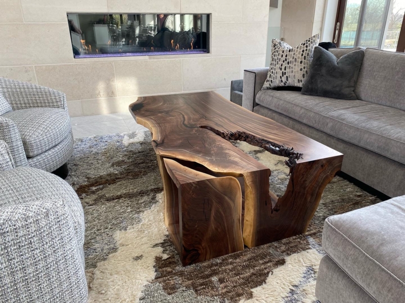Coffee Table Wood Inlay Live Edge Metal Legs Rustic Modern Furniture