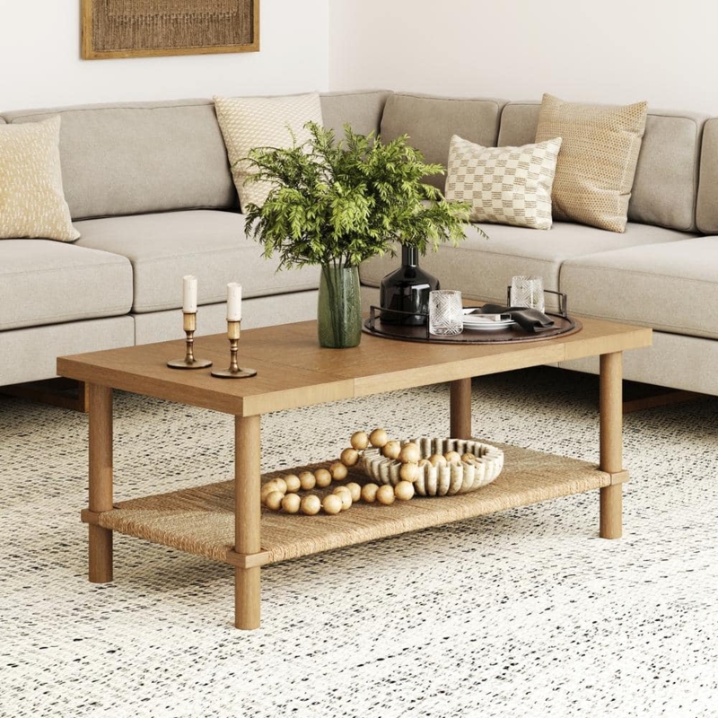Coffee Table Woven Seagrass Shelf, Splayed Tapered Legs, Bohemian Style