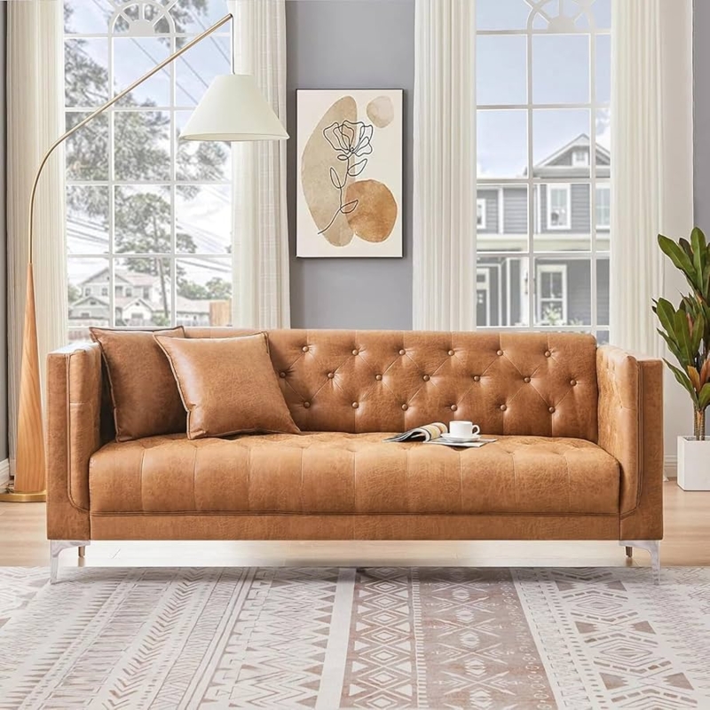 Cognac Brown Tufted Sofa with Tapered Metal Legs for Apartments