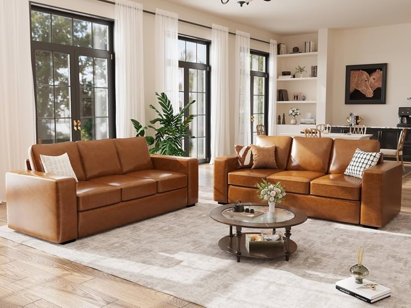 Cognac Faux Leather Sofa Set Vertical Tufting Tapered Wood Legs