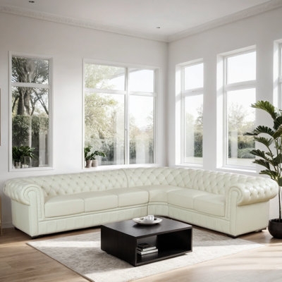 Cognac Leather-Like Chesterfield Sectional, Button Tufting
