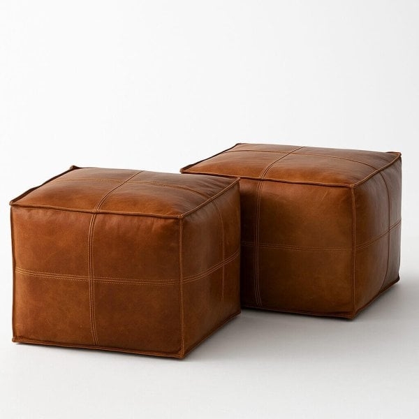 Cognac Leather-Like Pouf with Hand-Stitched Details Moroccan Style