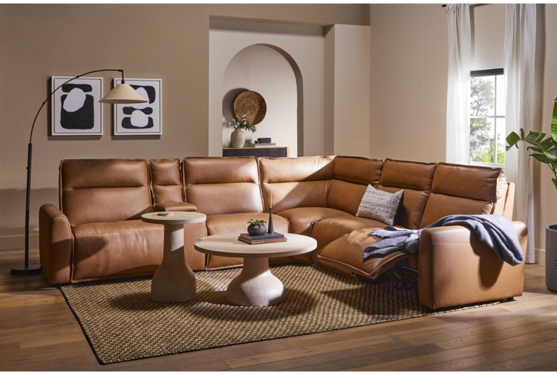 Cognac Leather-Like Sectional Sofa Metal Legs Mid-Century Style