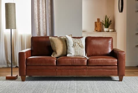 Cognac Leather-Like Sectional Sofa, Square Track Arms, L-Shaped Layout