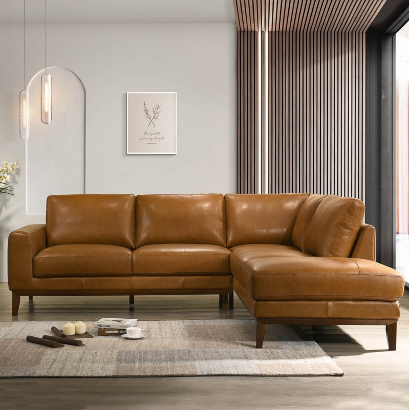Cognac Leather-Like Sectional Sofa with Bolster Pillows