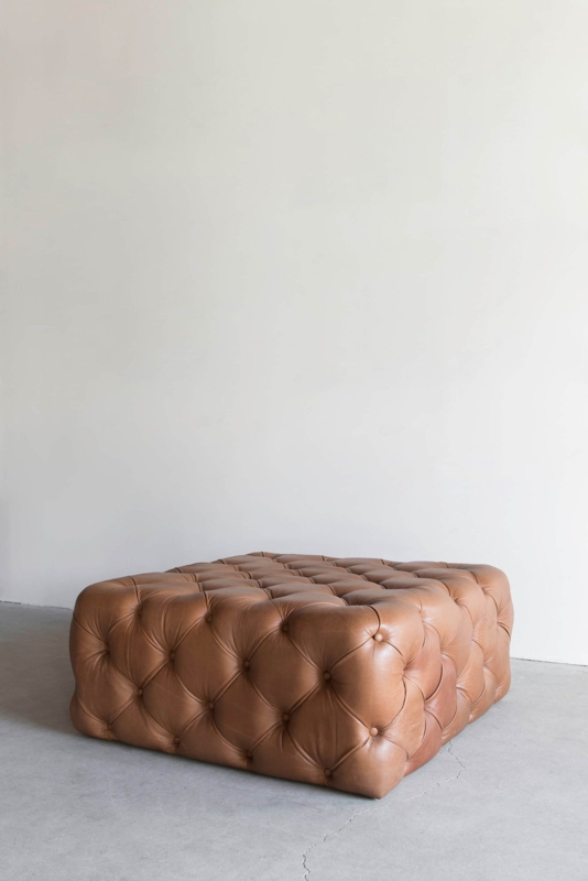 Cognac Leather-Look Ottoman, Minimalist Metal Frame & Tufted Top