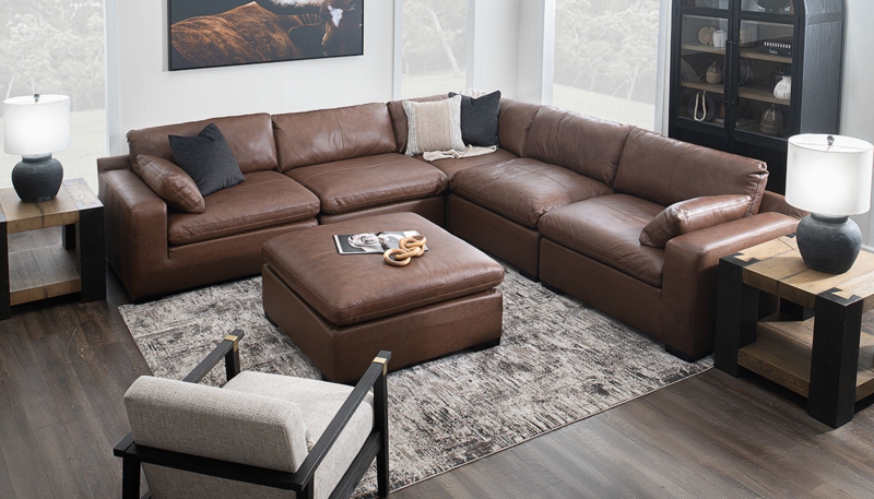 Cognac Leather Sectional with Matching Ottoman Grid Tufted