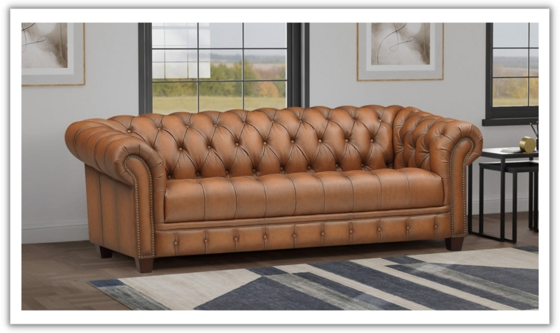 Cognac Leather Sofa Living Room with Button Tufting & Tapered Legs