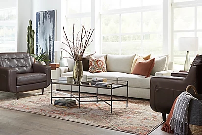 Cognac Mid-Century Sofa Leather-Like Tapered Legs Top Stitching