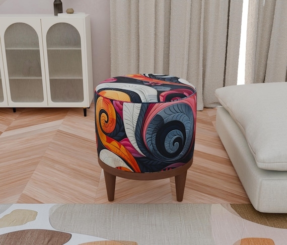 Colorful Abstract Round Pouf Seating Artistic Print Ottoman
