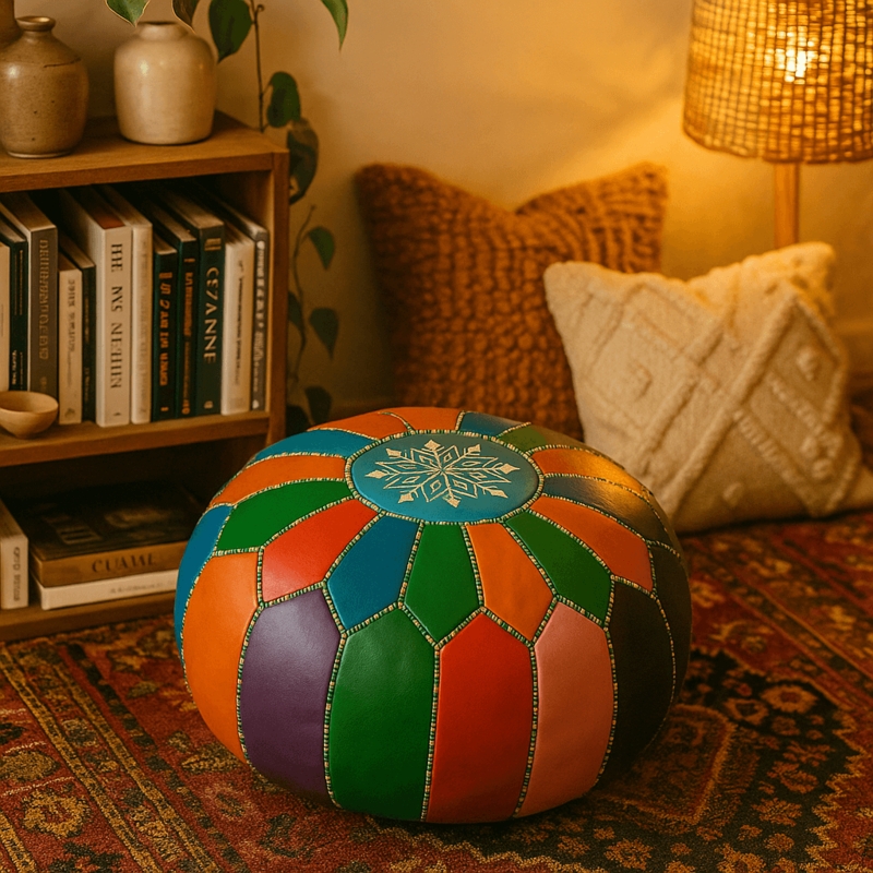 Colorful Patchwork Floor Seating Moroccan Style Leather Pouf