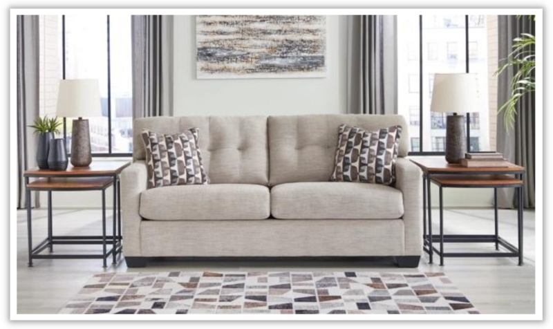 Compact Beige Fabric Loveseat with Flared Track Arms