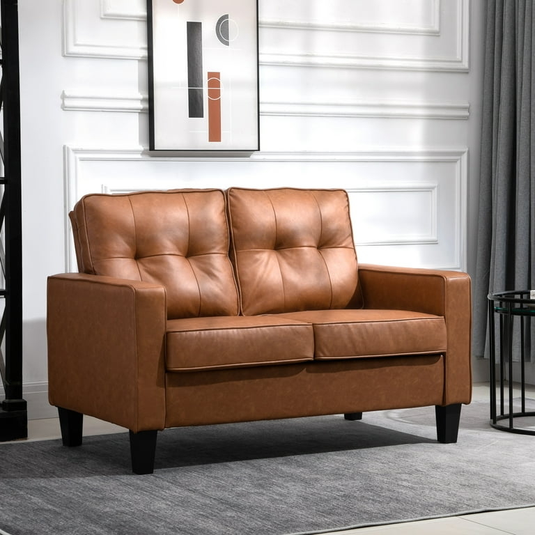 Compact Loveseat (51"), Vertical Tufted Leather-Like, Tapered Legs Modern