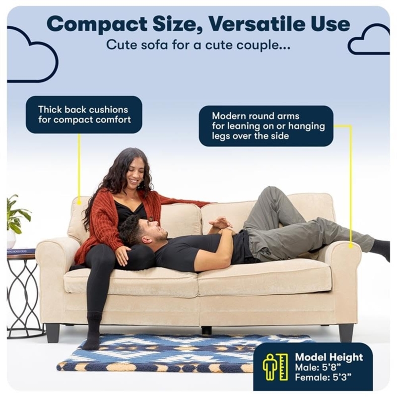 Compact Rolled Arm Sofa with Removable Covers and Solid Wood Frame