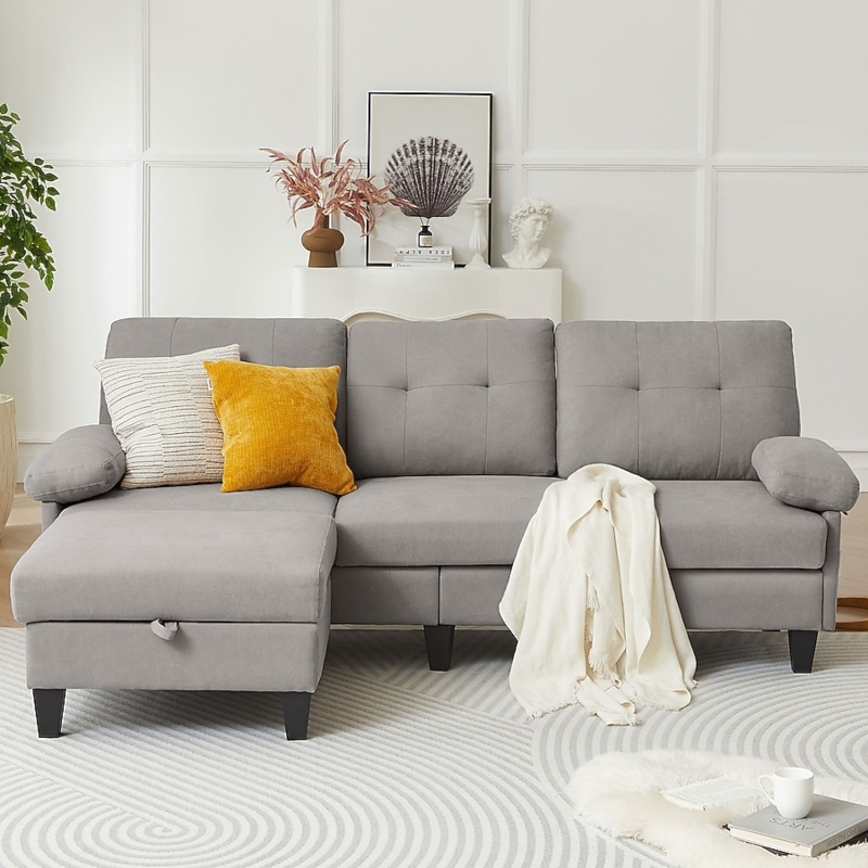 Compact Sectional Sofa in Light Grey with Reversible Chaise Feature