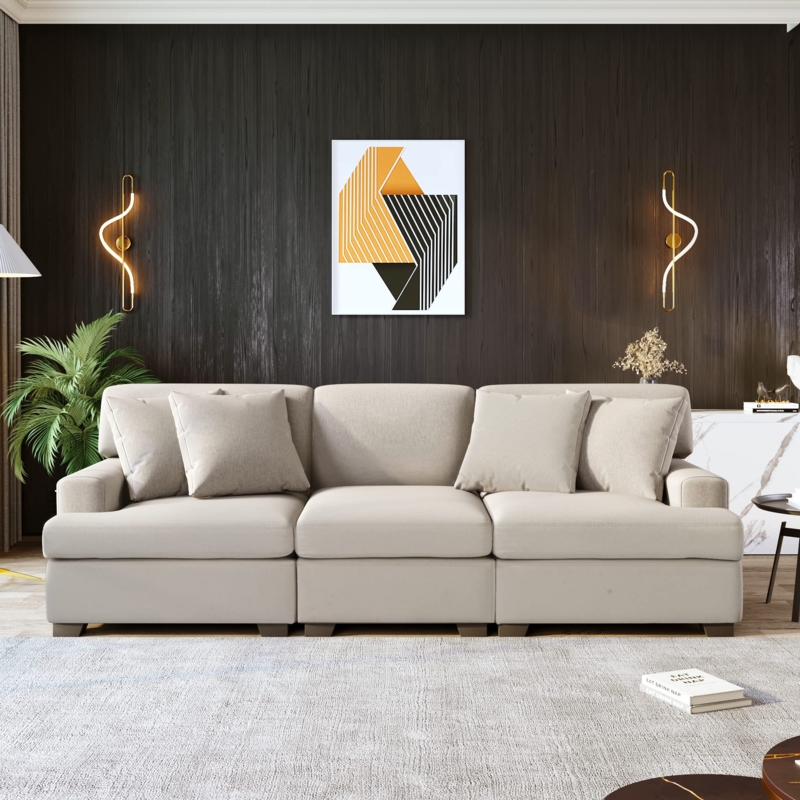 Contemporary Beige Sofa with Square Tufted Back and Bolsters