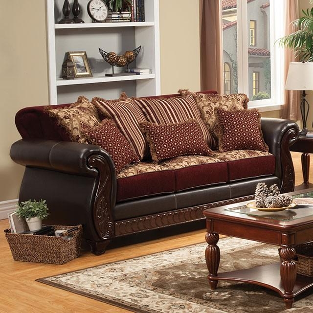 Contemporary Burgundy Fabric Sofa with Espresso Base