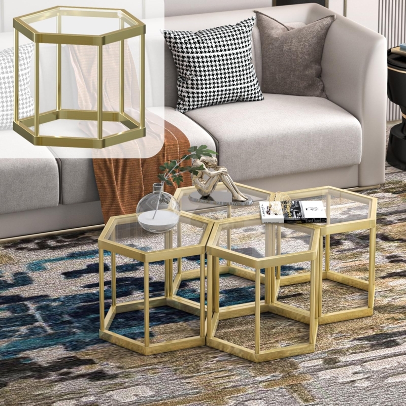Contemporary Hexagonal Coffee Table with Gold Honeycomb Frame and Glass Top
