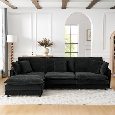 Contemporary L-Shaped Sectional Sofa with Quilted Seat and Ottoman