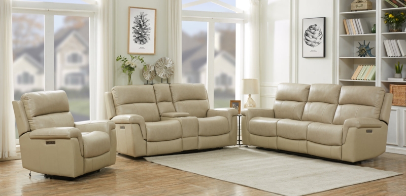 Contemporary Living Room Set Stone Gray Leather Like Power Reclining