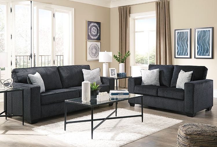 Contemporary Living Room Set Track Arms Blue Accent Pillows