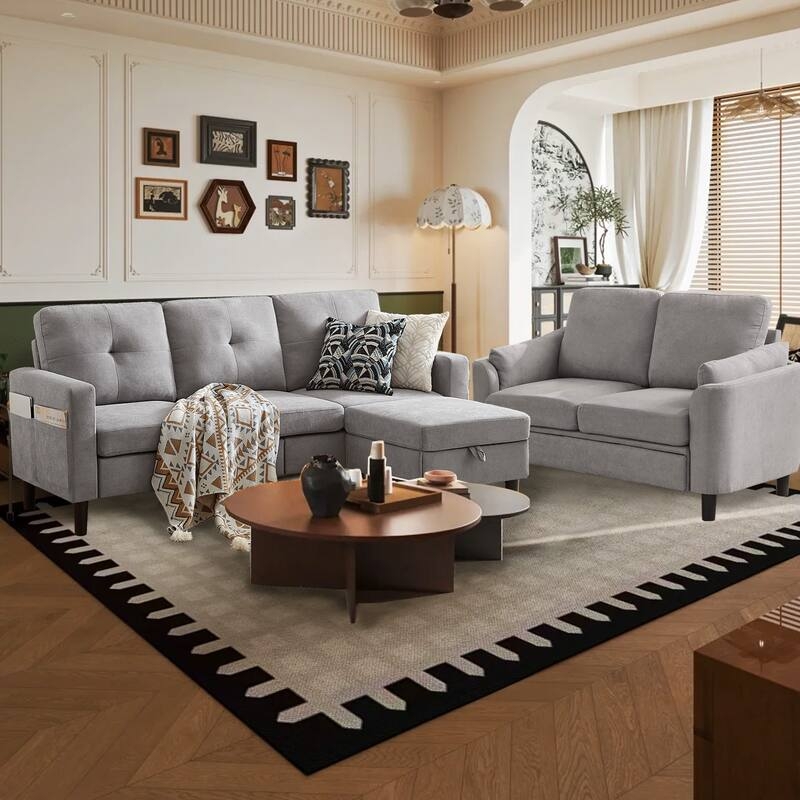 Contemporary Living Room Set with Tufted Detailing and Storage Ottoman
