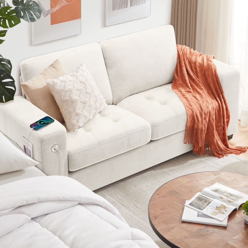 Contemporary Loveseat Sofa with Integrated USB Port and Wide Armrests
