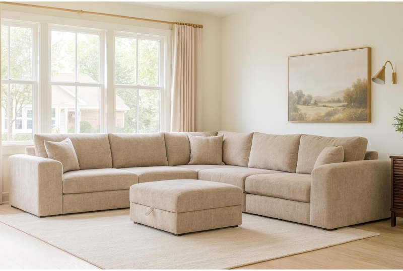 Contemporary Low Profile Sectional Sofa Tight Back Seating Layout
