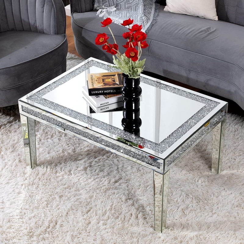 Contemporary Mirrored Block Coffee Table with Crystal Inlay