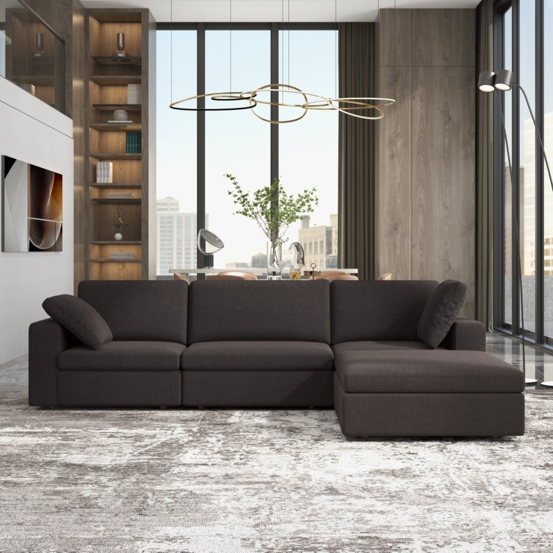 Contemporary Modular Sectional Sofa with Square Arms and Block Feet.