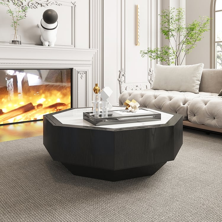 Contemporary Octagonal Coffee Table, Black Fluted Base & White Stone-Like Top