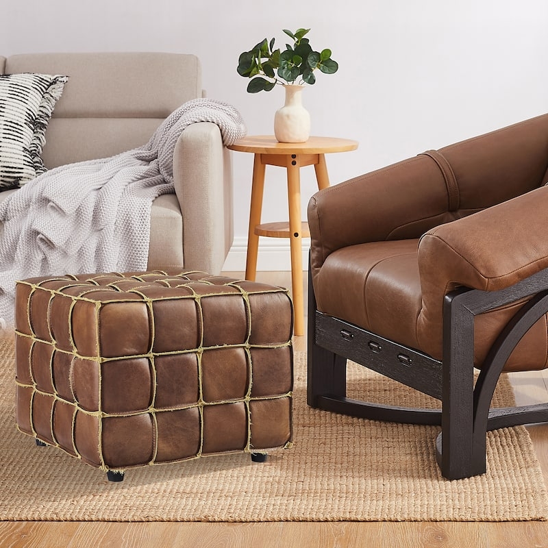 Contemporary Pouf with Cross-Stitched Top and Piped Edges