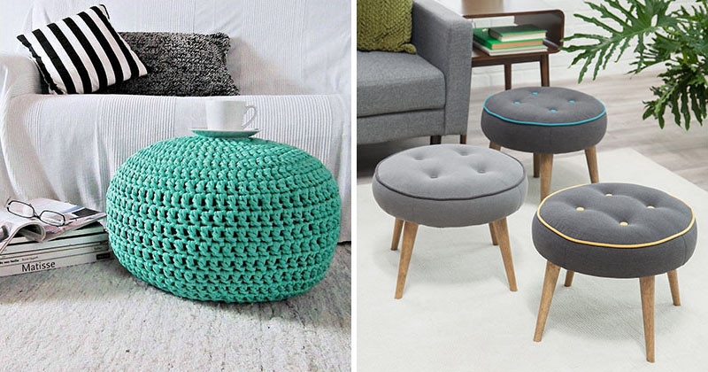 Contemporary Round Cream Ottoman with Vertical Stitching Detail