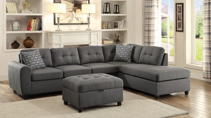 Contemporary Sectional Sofa Grid Tufted Back Reversible Chaise Woven
