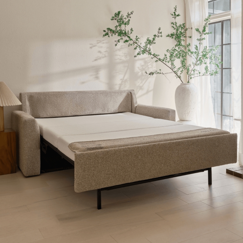 Contemporary Sleeper Sofa Light Gray Track Arms Block Feet Woven
