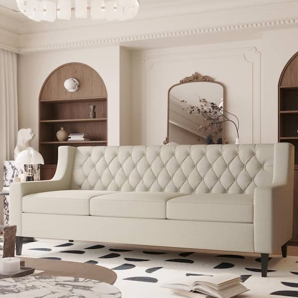 Contemporary Sofa Beige Tufted Back Slope Arms Tapered Legs